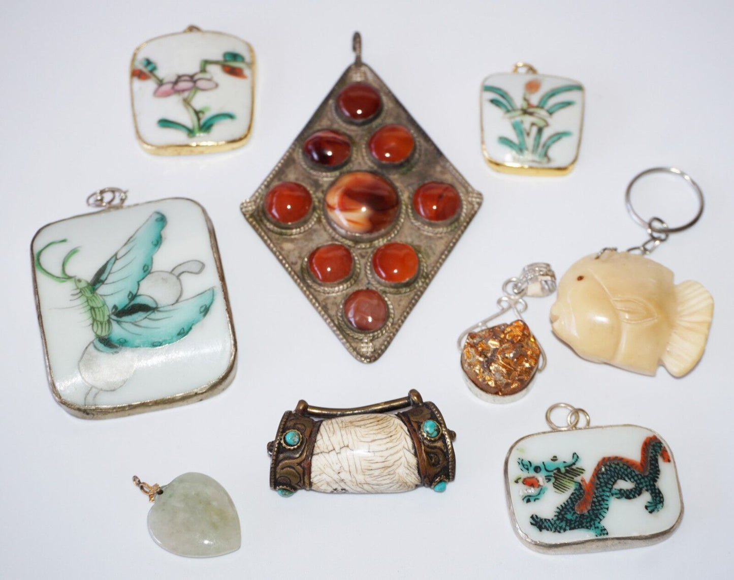 9x Vintage & Antique Oriental Silver Chard & Jade Mixed Pendant Lot (Yam)#18