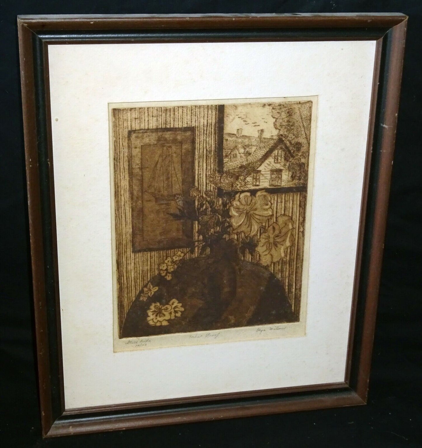 1970s US Etching Print "Still Life w. Flowers" by Olga Wilson (1919-2010)(CuM)