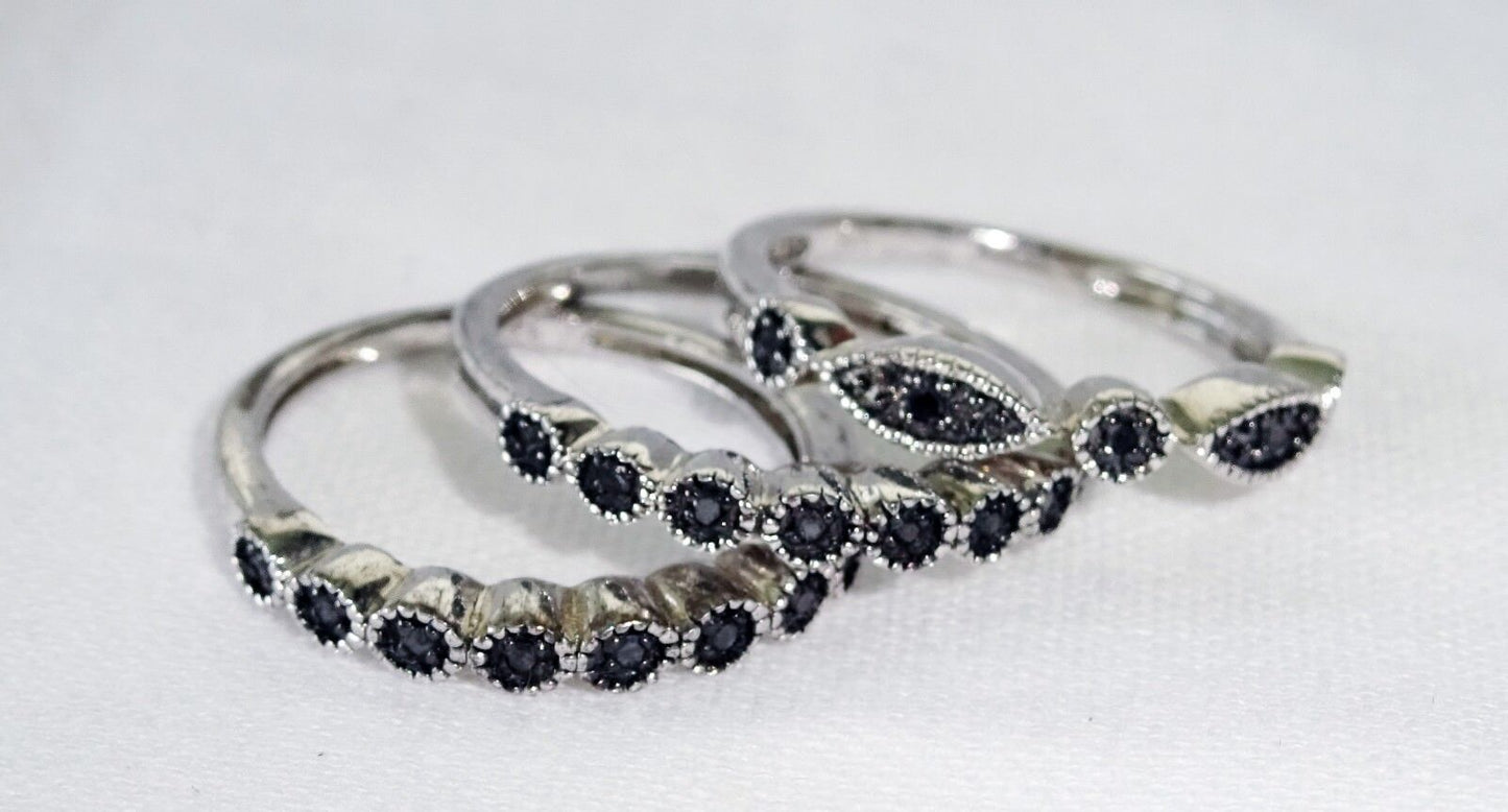 3x Vintage Sterling Silver Rings Sz 5.25 set w. Black Diamonds (Ng)