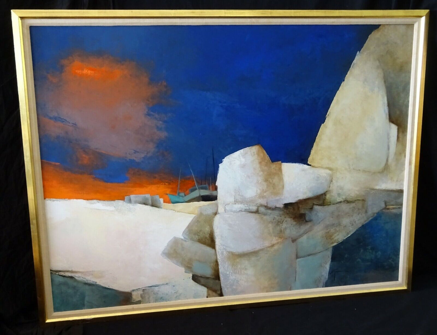 French Large Oil Painting Maritime Harbor-scape by Claude Gaveau (b. 1940) (MeG)