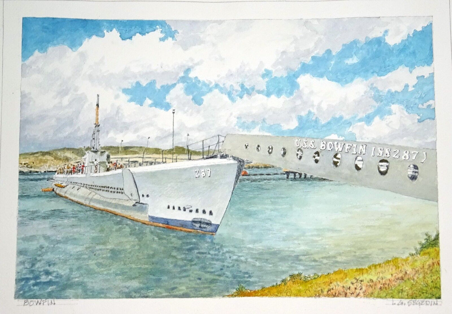 Orig Hawaii Watercolor Painting "U.S.S. Bowfin Pearl Harbor" by L Segedin #73