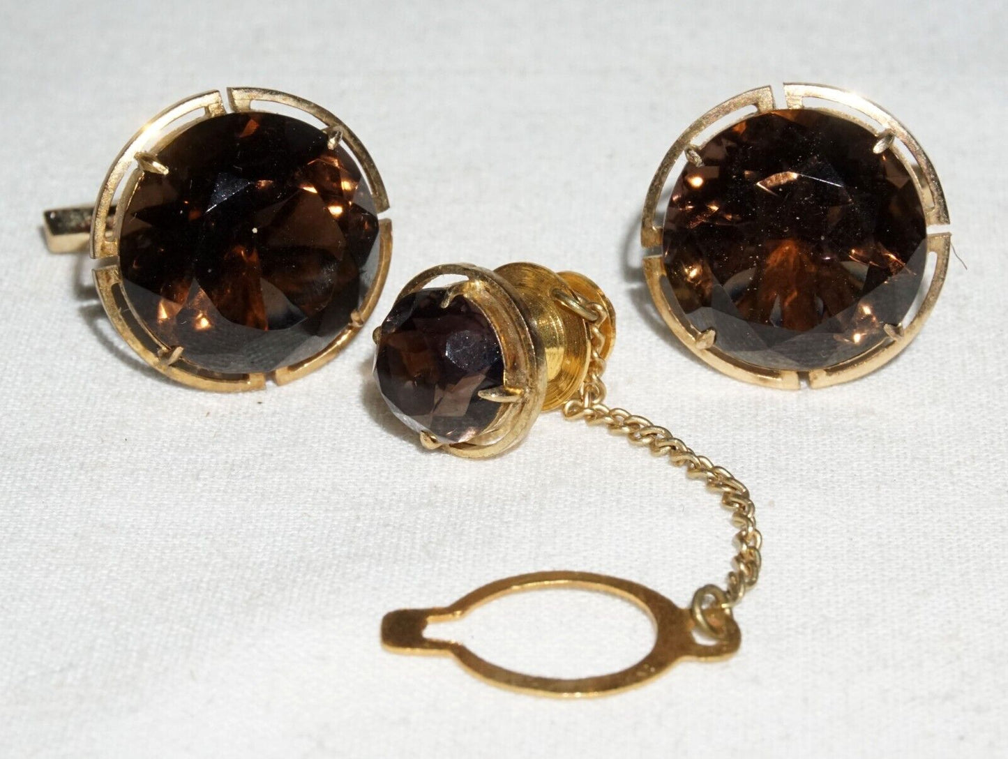 3Pc Vintage Gold Plated Silver Cufflinks & Tie Tack w. 3x Smokey Quartz (---)