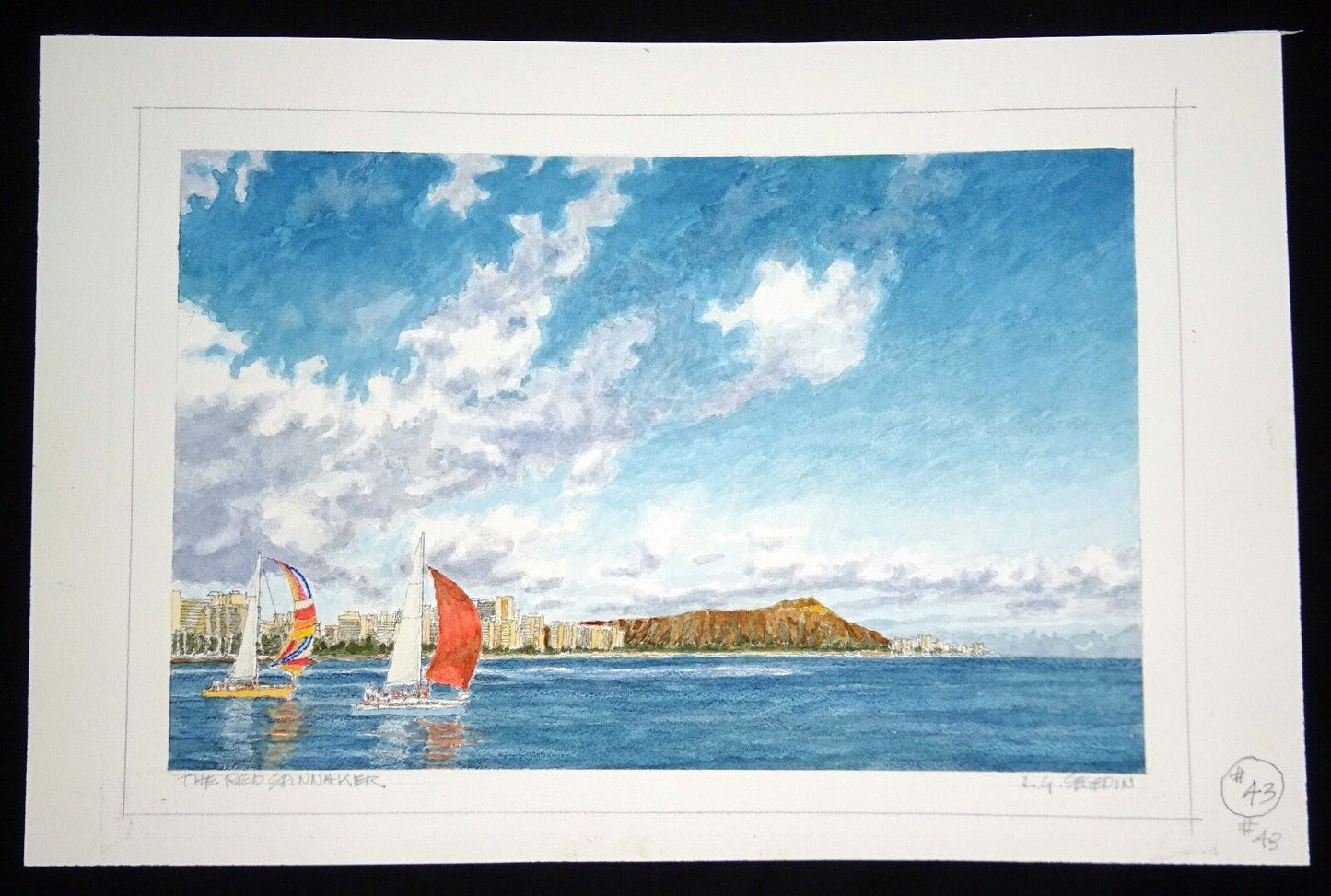 Original Hawaii Watercolor Ocean Painting "The Red Spinnaker" by L. Segedin #43