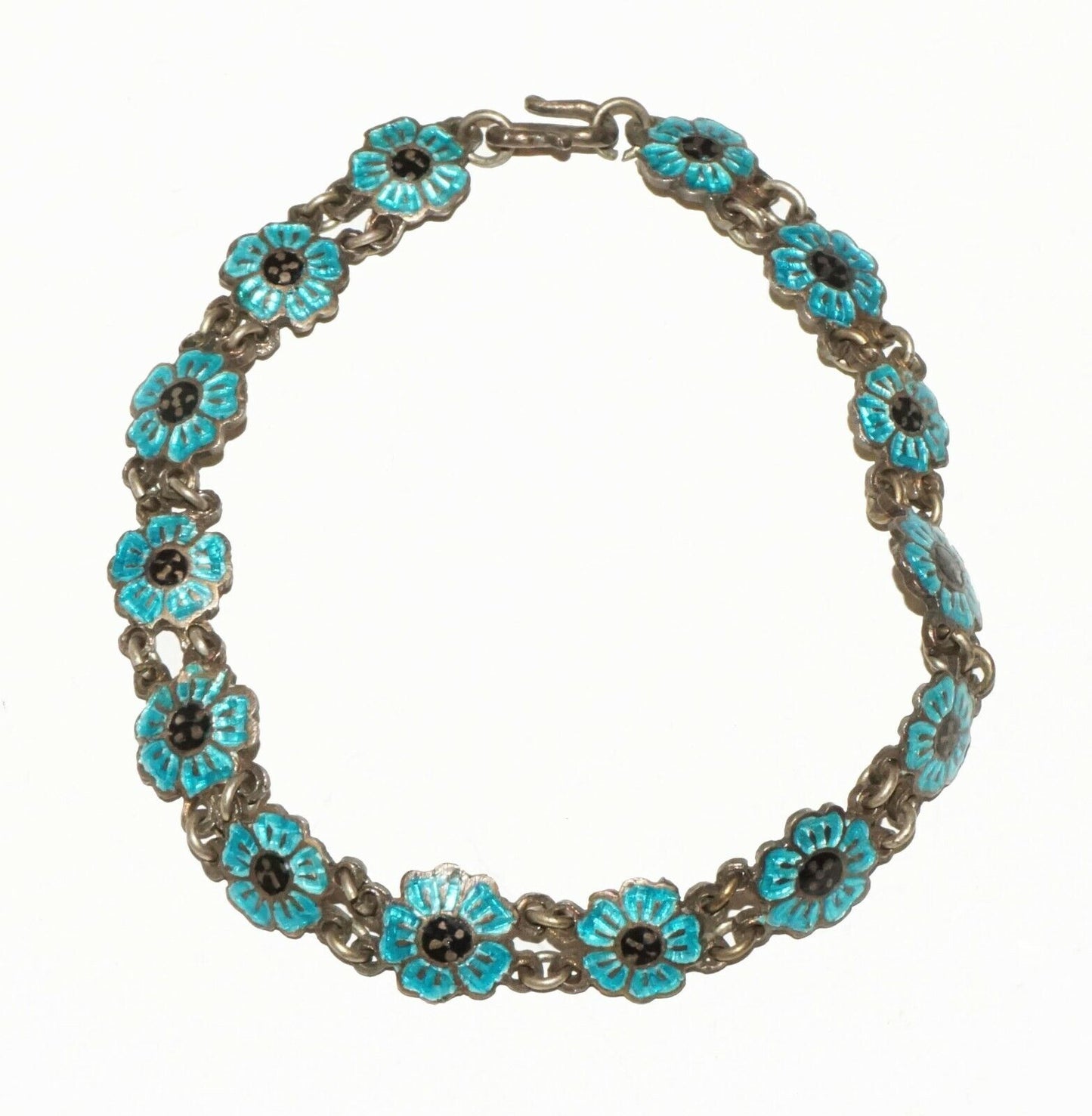 Chinese Brass & Blue Enamel Flower Motif Link Bracelet (BrM)#6