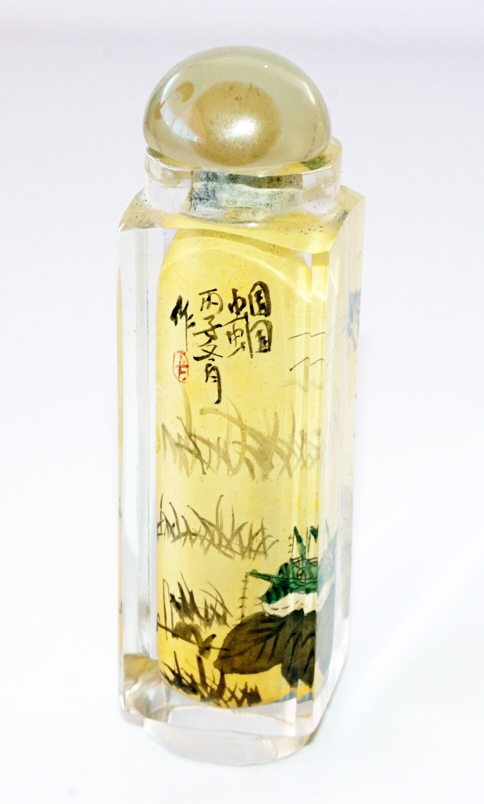 20C Chinese Square Inside Painted Glass Snuff Bottle w. Hard-stone Stop (Pal)