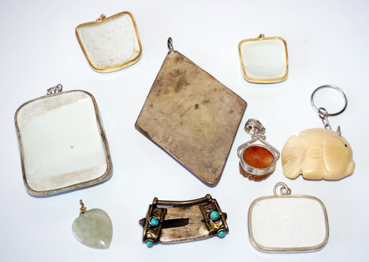 9x Vintage & Antique Oriental Silver Chard & Jade Mixed Pendant Lot (Yam)#18