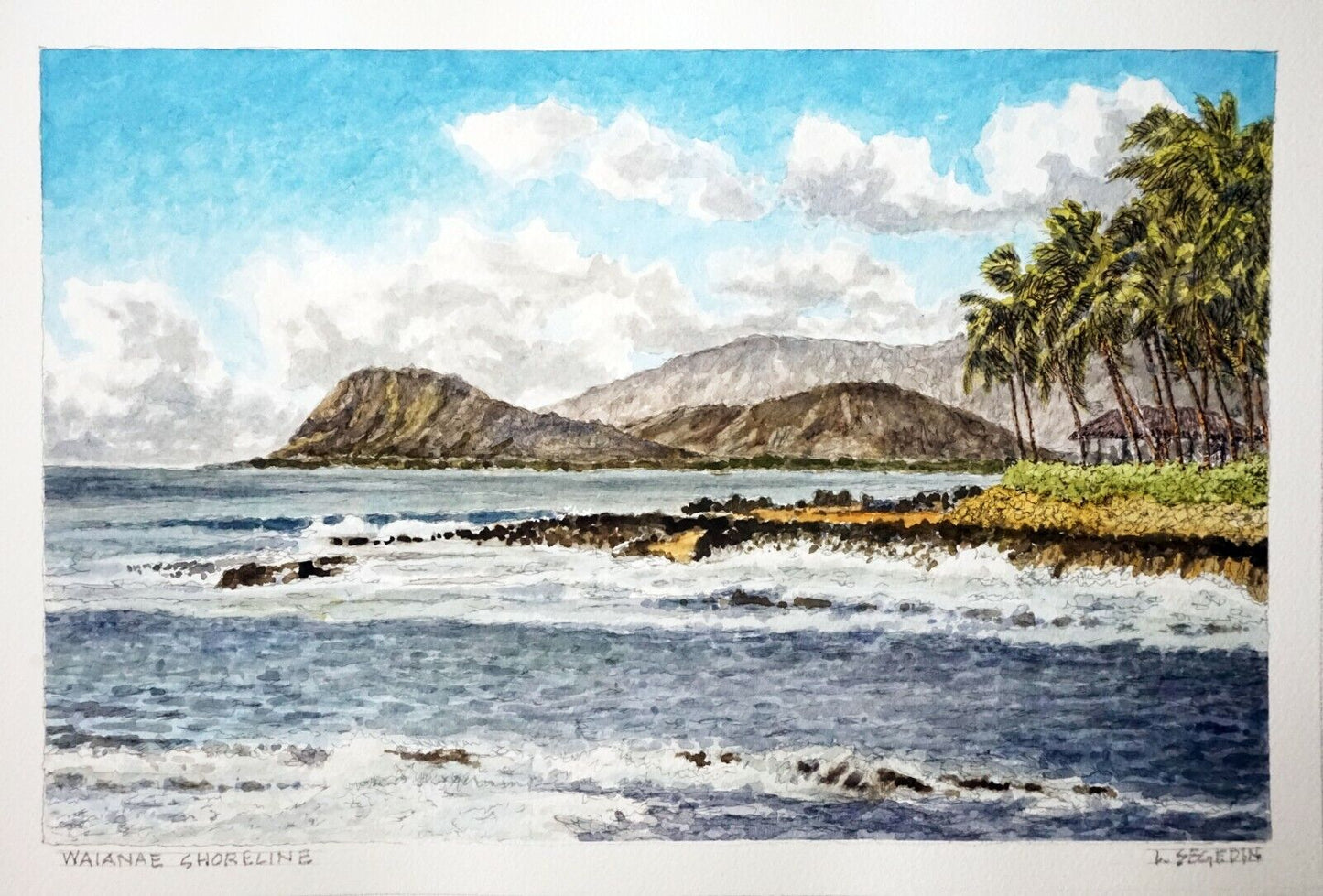 Hawaii Watercolor Painting "Waianae Shoreline, West Oahu" by L. Segedin #117