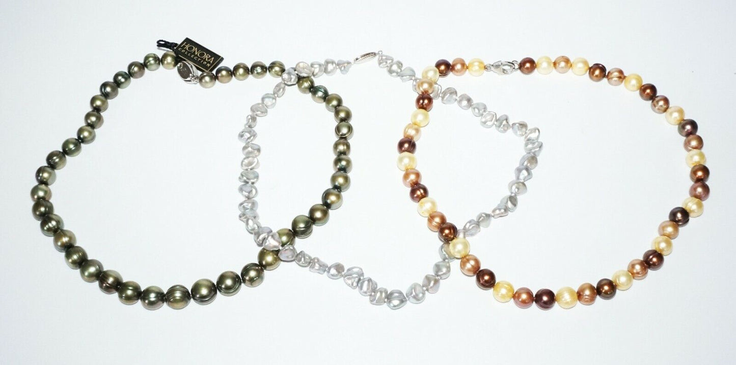 3Pc Multicolored Single Strand Pearl Necklaces w. Sterling silver Clasp(SaR)#452