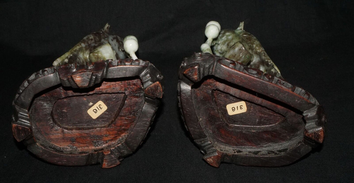 Pair Vintage Chinese Mottled Black Jadeite Jade Carvings Exotic Birds (LeD)