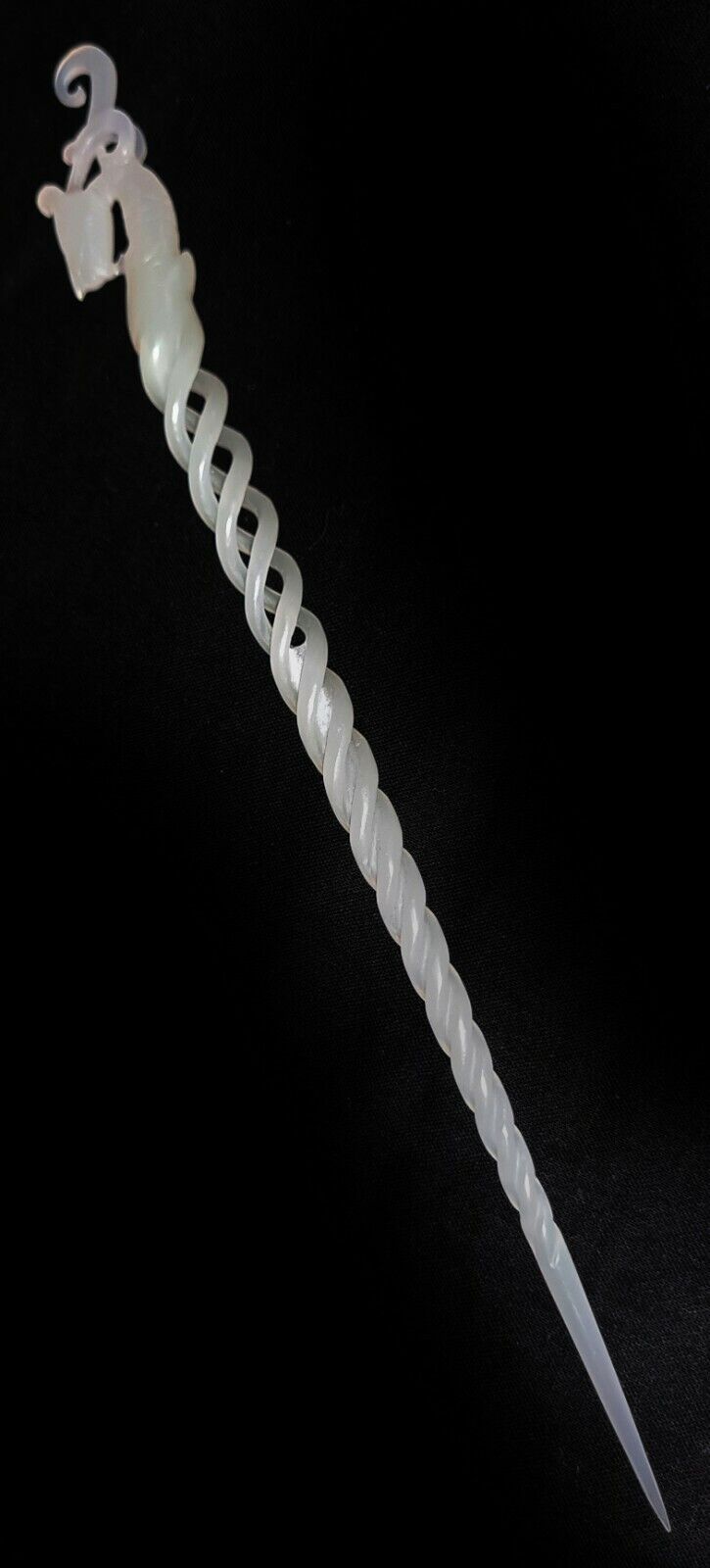 Vintage Chinese Pierced Spiral White Jade Hairpin Extremely Fine Carved (AHB)