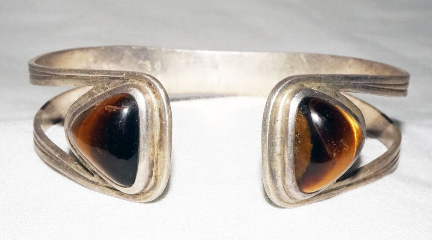 Vintage Swedish Modernist Sterling Silver Cuff Bracelet w. 2x Tigereye (ShI)