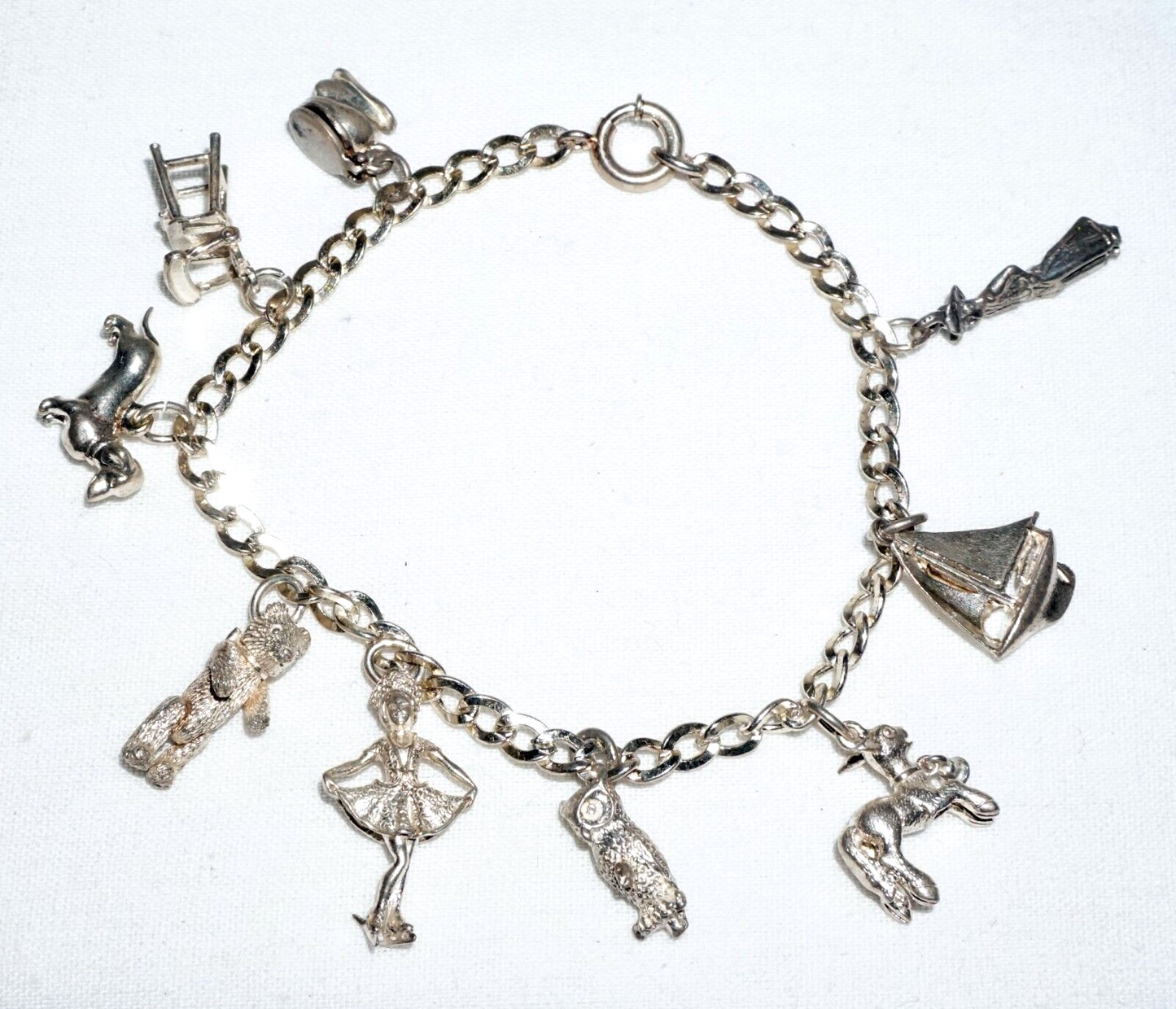 Vintage Sterling Silver Charm Bracelet w. 9x Charms Ballerina Wiener Dog (BrM)#6