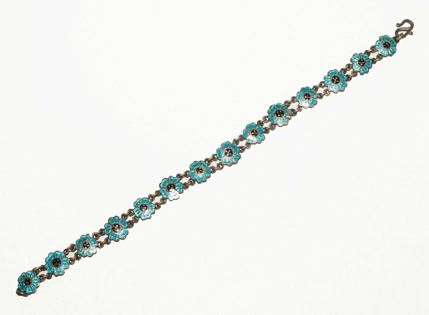 Chinese Brass & Blue Enamel Flower Motif Link Bracelet (BrM)#6
