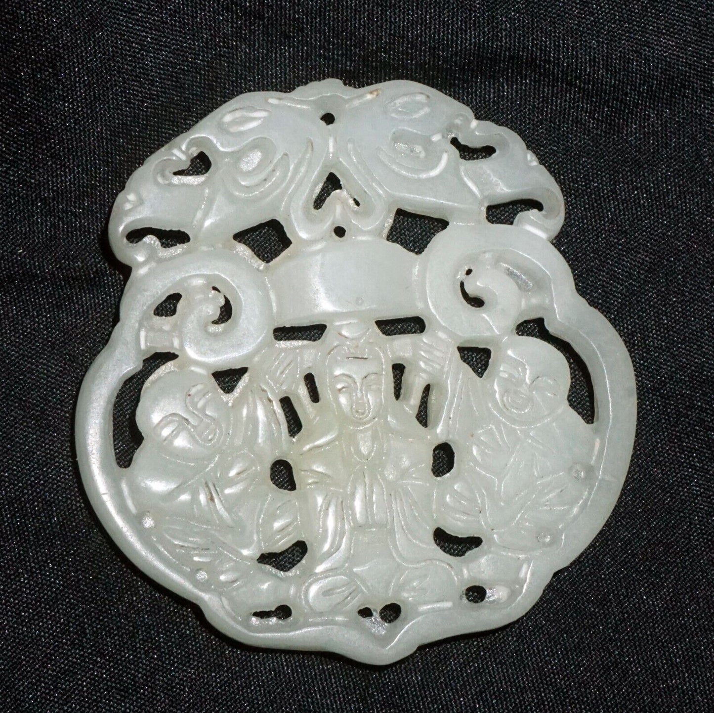 Antique Chinese Nephrite Jade Pierced Pendant Kwan Yin & Twin & Bat Motifs (---)
