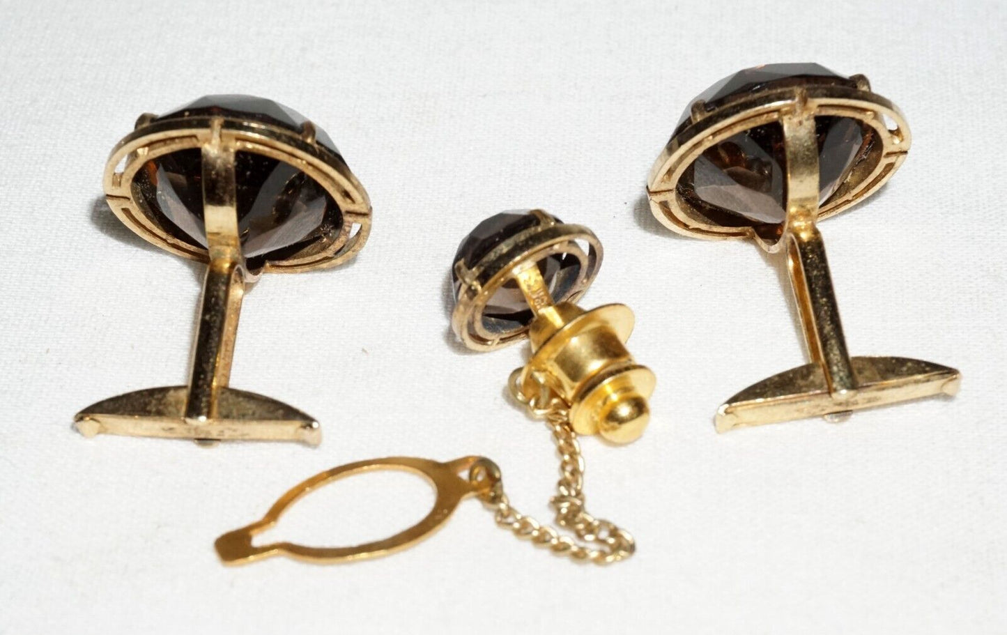 3Pc Vintage Gold Plated Silver Cufflinks & Tie Tack w. 3x Smokey Quartz (---)
