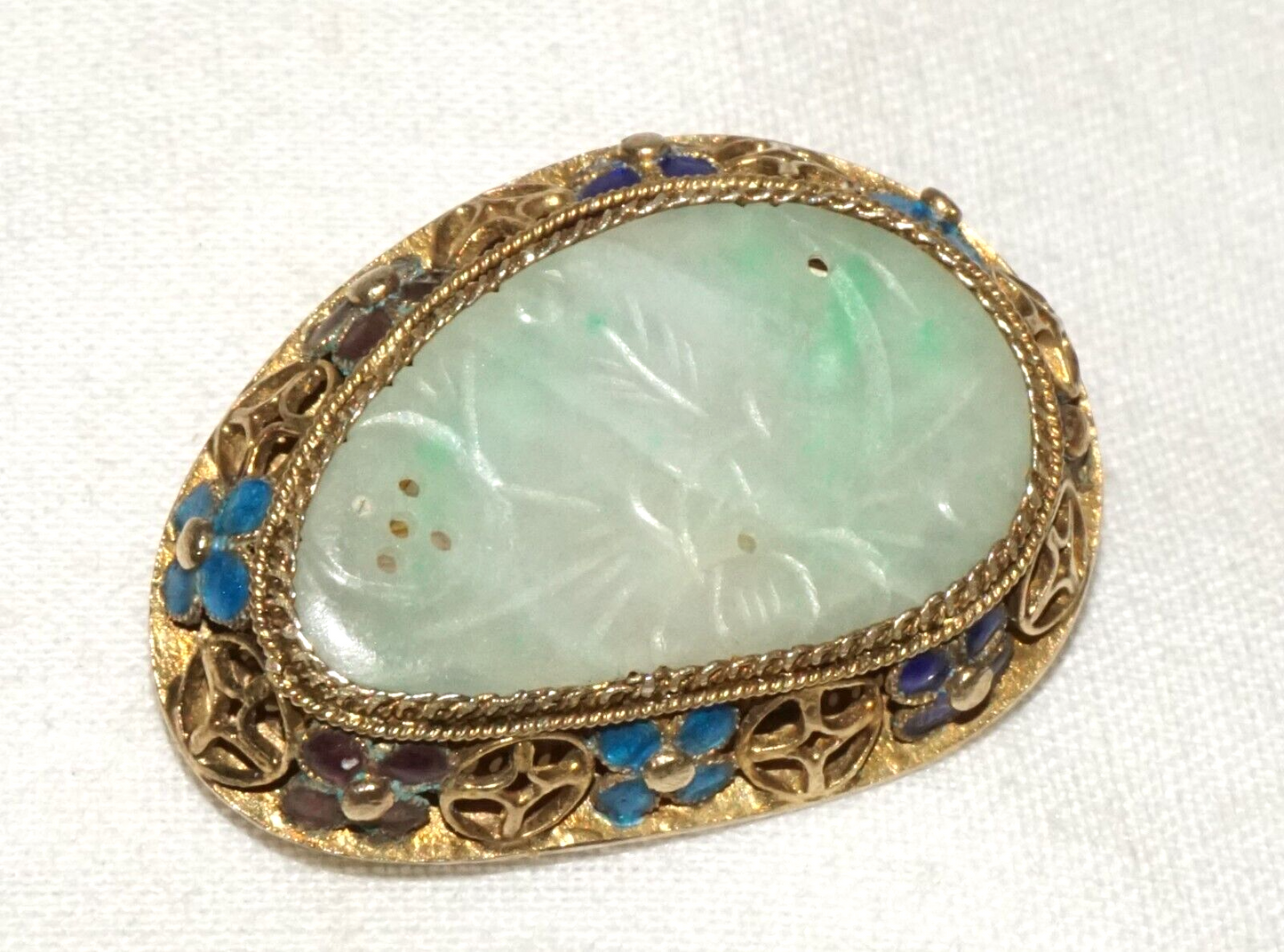 Antique Chinese Silver Filigree & Enamel Brooch set w. Jadeite Jade (InS)#L1-3