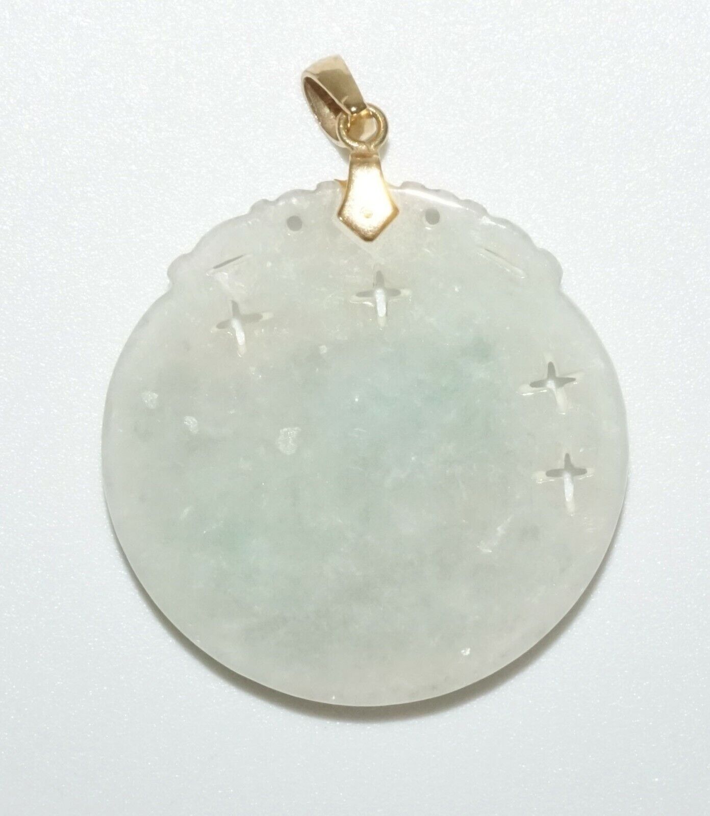 Chinese White & Green Pierced Jadeite Jade Dragon Motif Plaque Pendant (SaR)#289