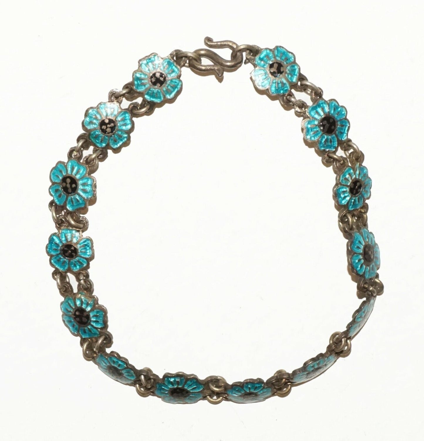 Chinese Brass & Blue Enamel Flower Motif Link Bracelet (BrM)#6