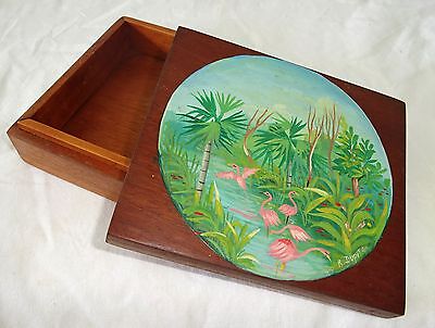 1980s Haitian Mahogany Covered Box w Painted Pelican Motif by R. Dupiton (Stea)