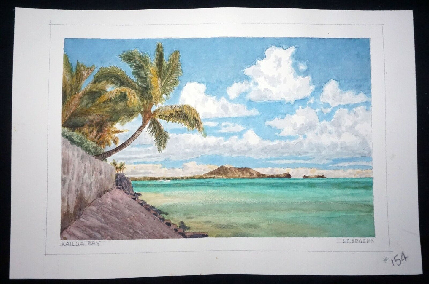 Hawaii Watercolor Painting "Palms at Kailua Bay, Oahu" by L. Segedin #154