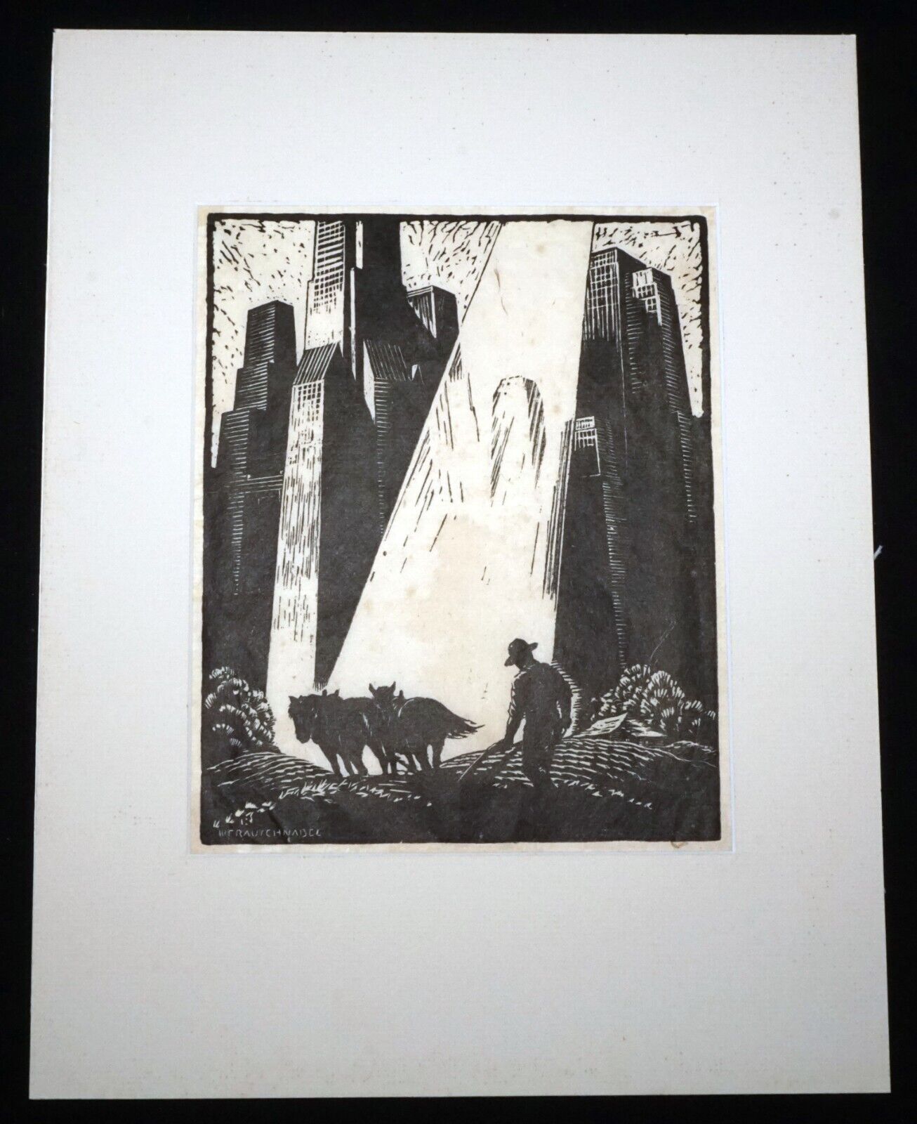 1940s US Lino Cut Print "Old & New" William Fredrick Rauschnabel (1883-1947)(FeH