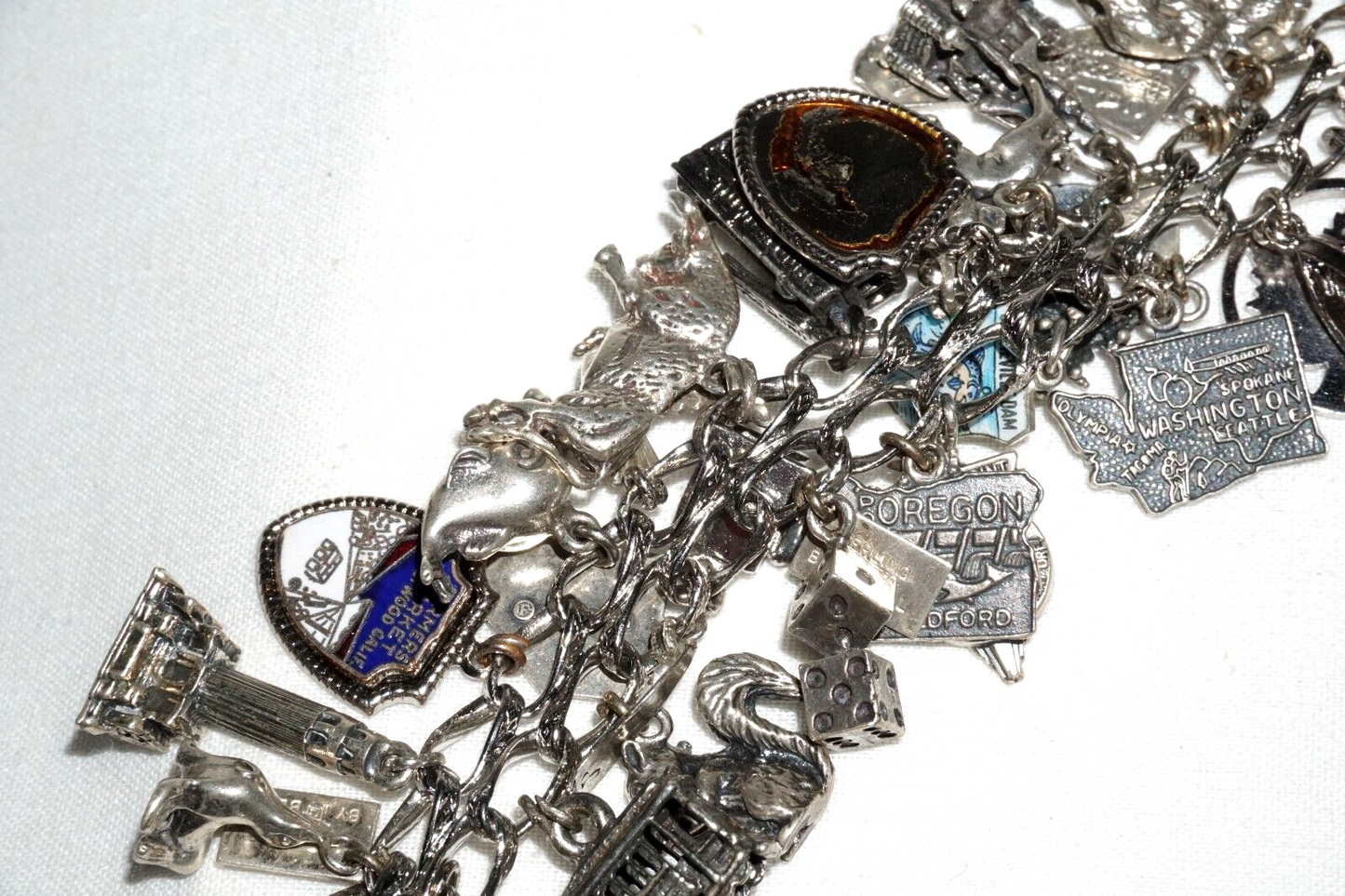 Vintage Sterling Silver Charm Bracelet w. 40x Travel & US State Charms (BrM)#6