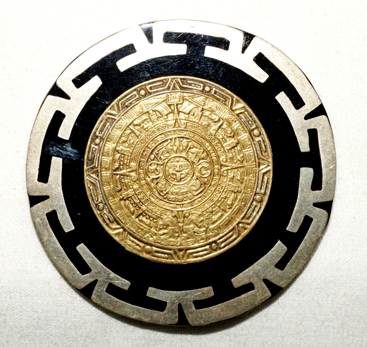 Vintage Mexico Alpaca Silver & Gold Mayan Calendar Plaque Brooch Pin (LeS)L24