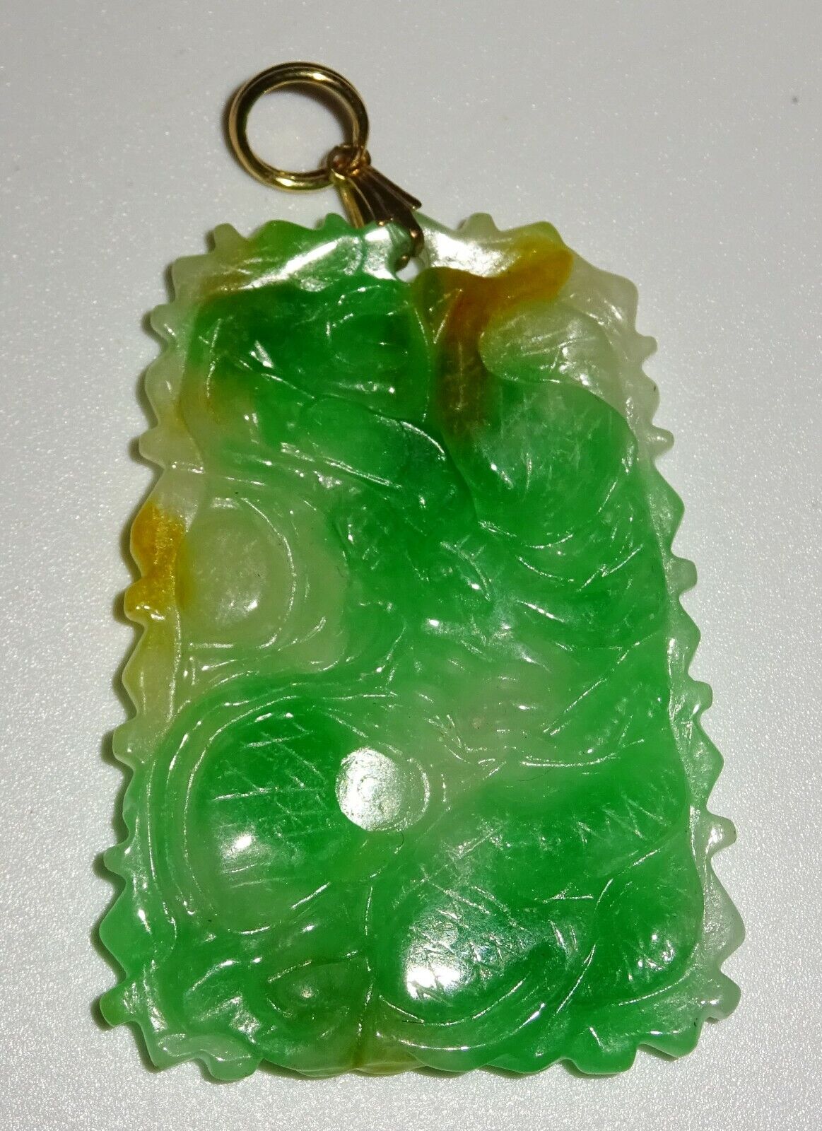 Chinese Jadeite Jade Plaque Pendant w. Writhing Dragon & Pearl Motif (LuD)