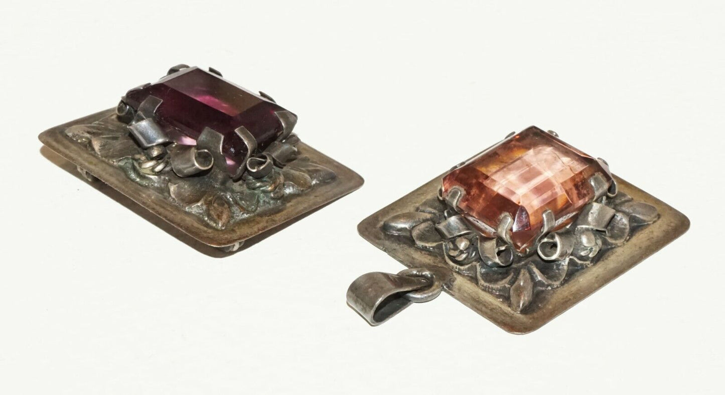 2Pc Vintage Brutalist Style Brooch & Pendant w. Tourmaline Accents (BrM)#31