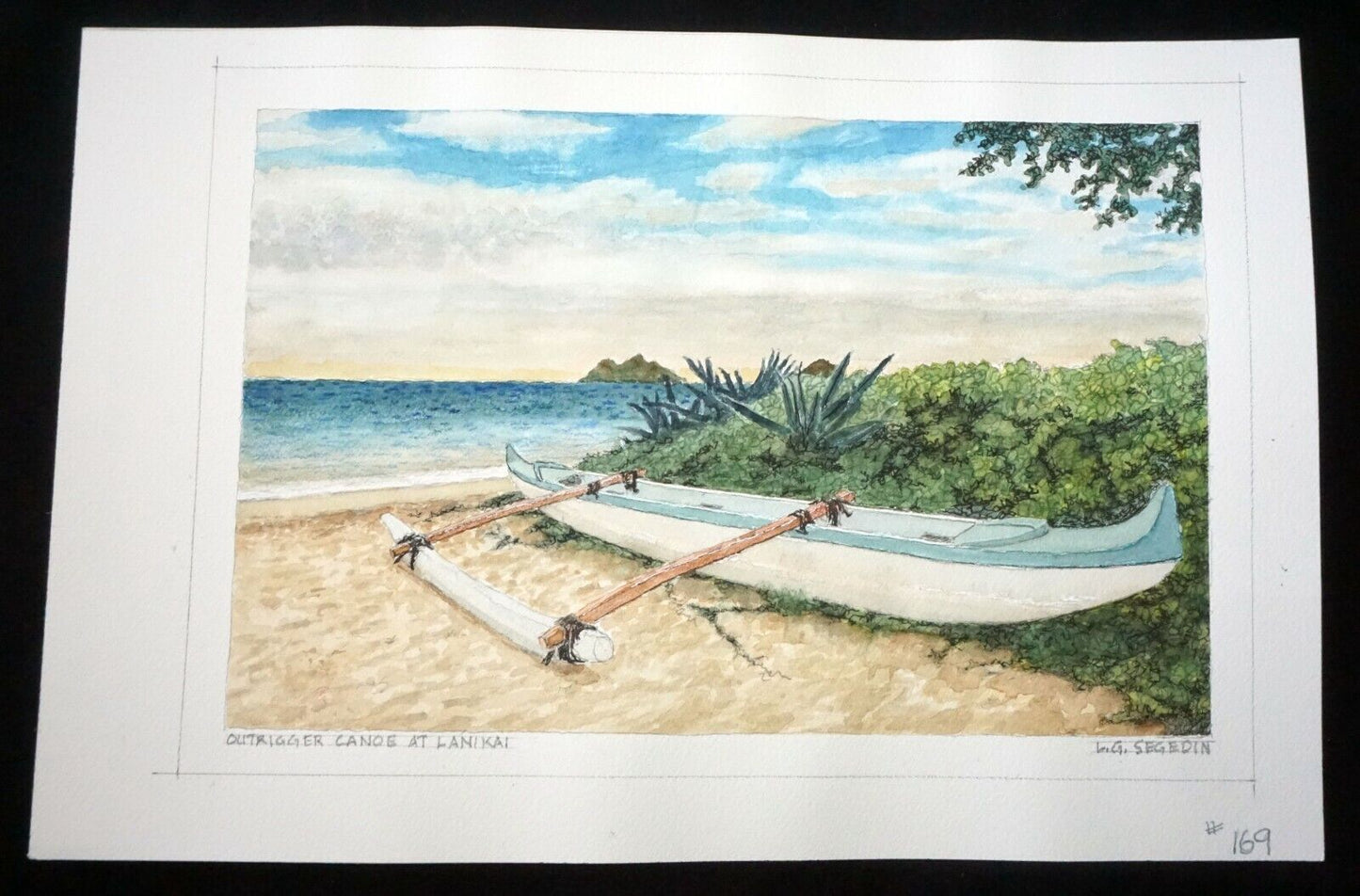 Hawaii Watercolor Painting Outrigger Canoe at Lankai Beach by Larry Segedin #169