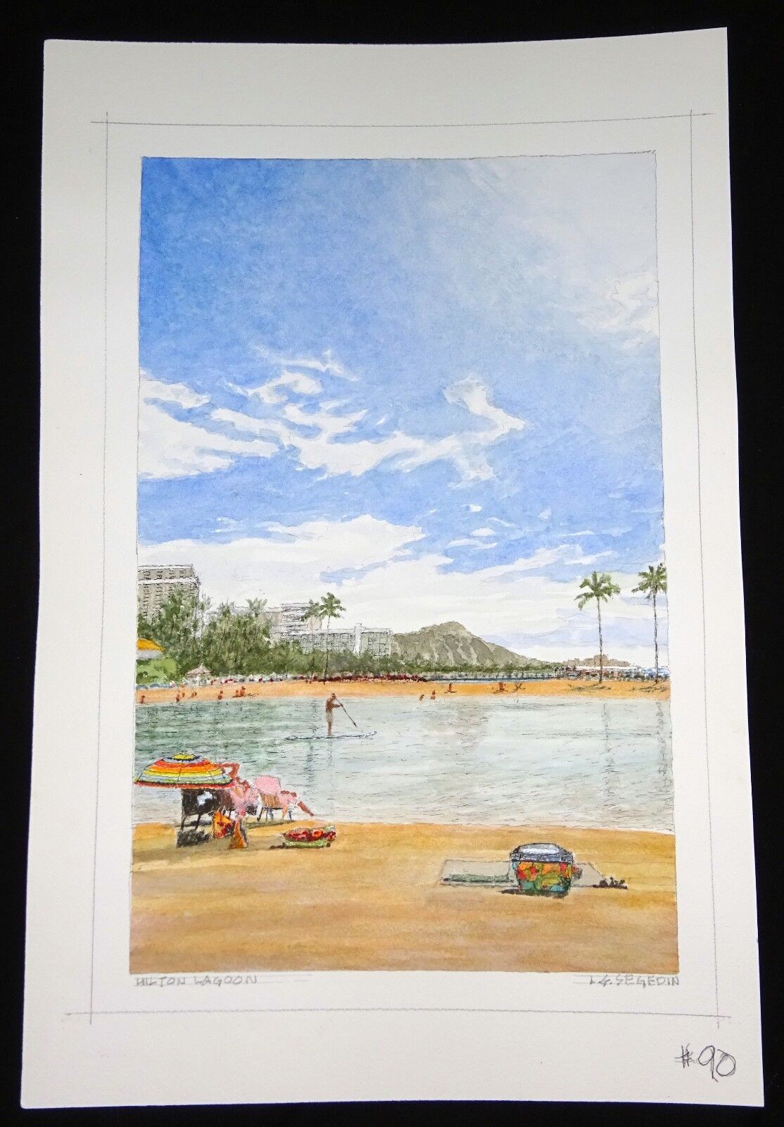 Orig Hawaii Watercolor Painting "Paddle Boarder @Hilton Lagoon" by L Segedin #90