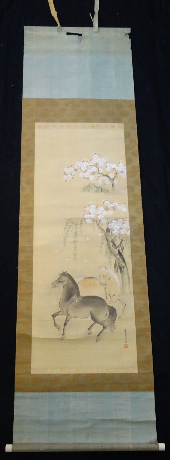 Japanese Scroll Painting "Two Horses under Flowering Trees" signed unknown (AHB)