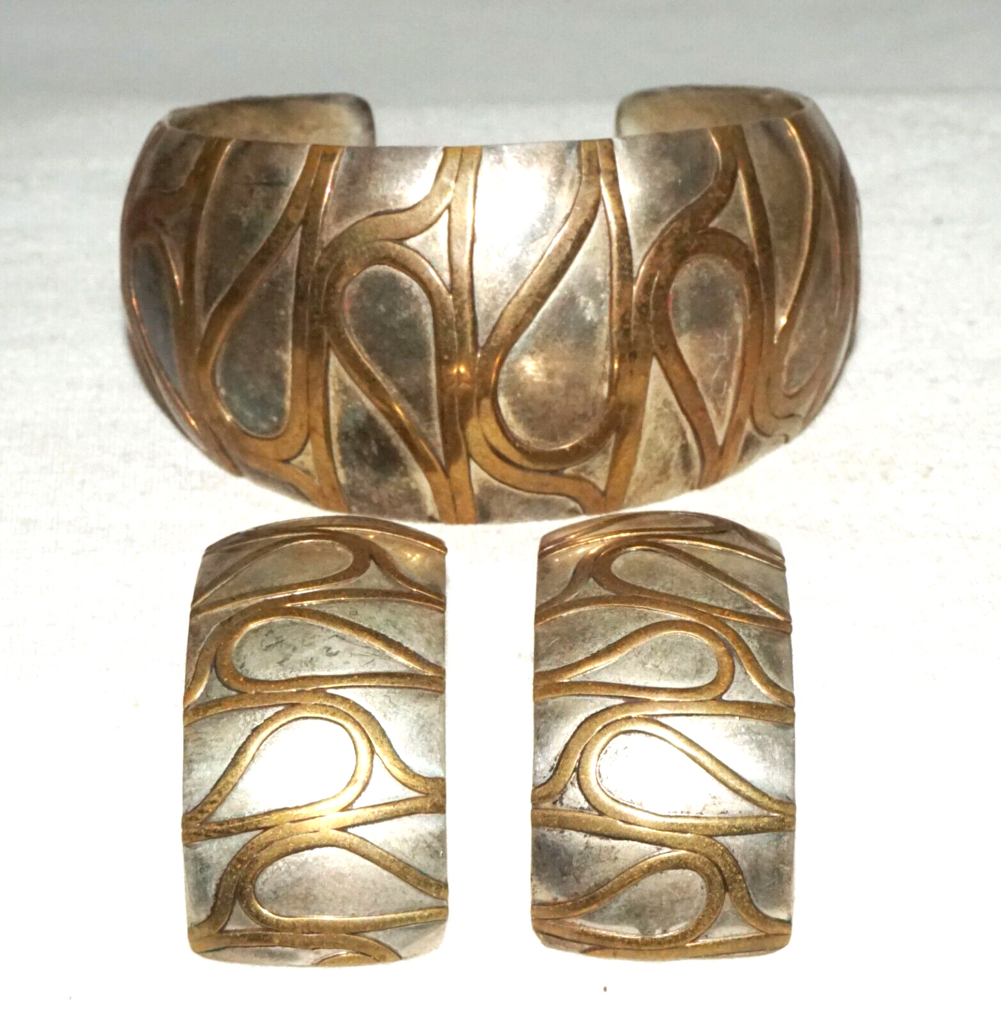 3Pc Vintage Silver & Brass Curvilinear Motif Cuff Bracelet & Earring by GM (KiL)
