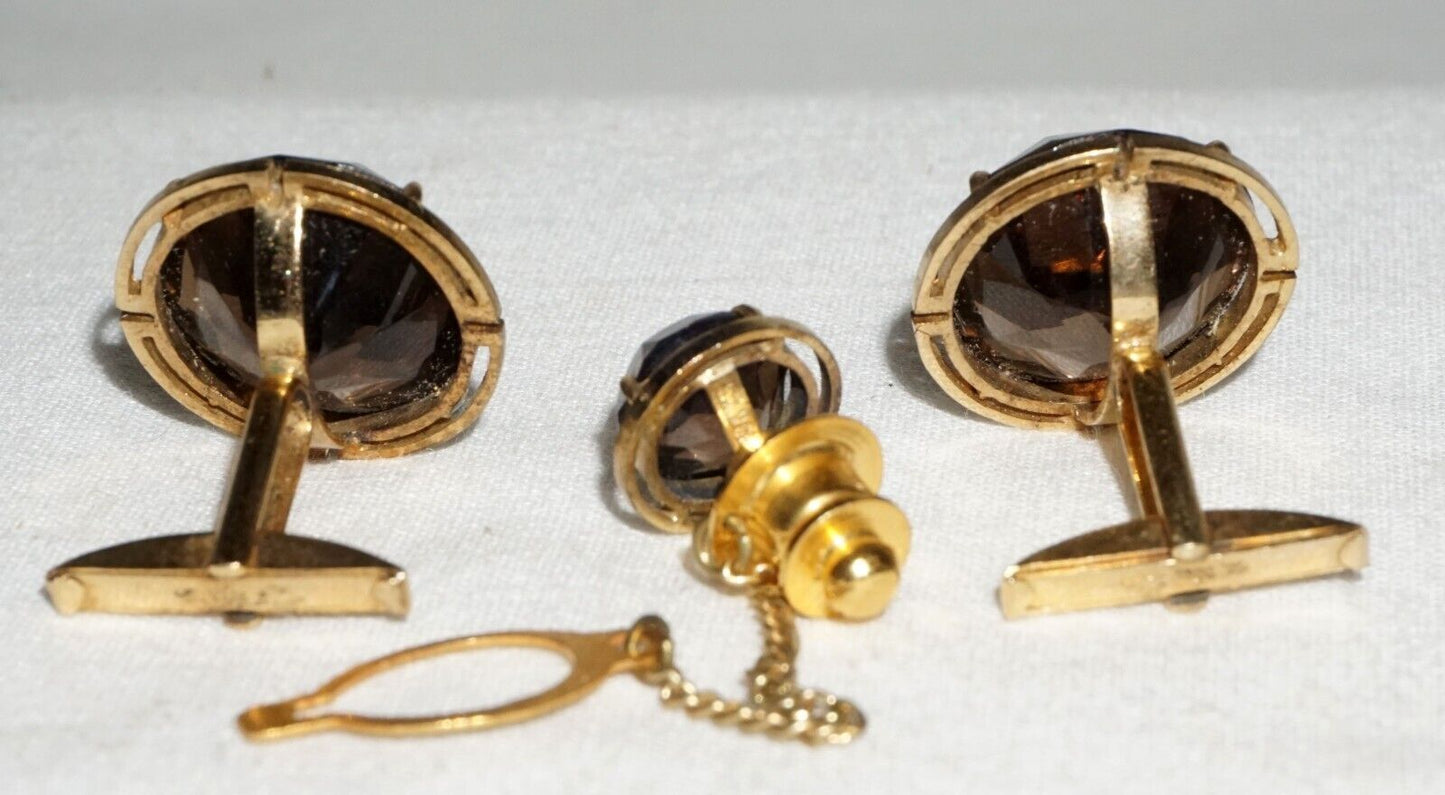 3Pc Vintage Gold Plated Silver Cufflinks & Tie Tack w. 3x Smokey Quartz (---)
