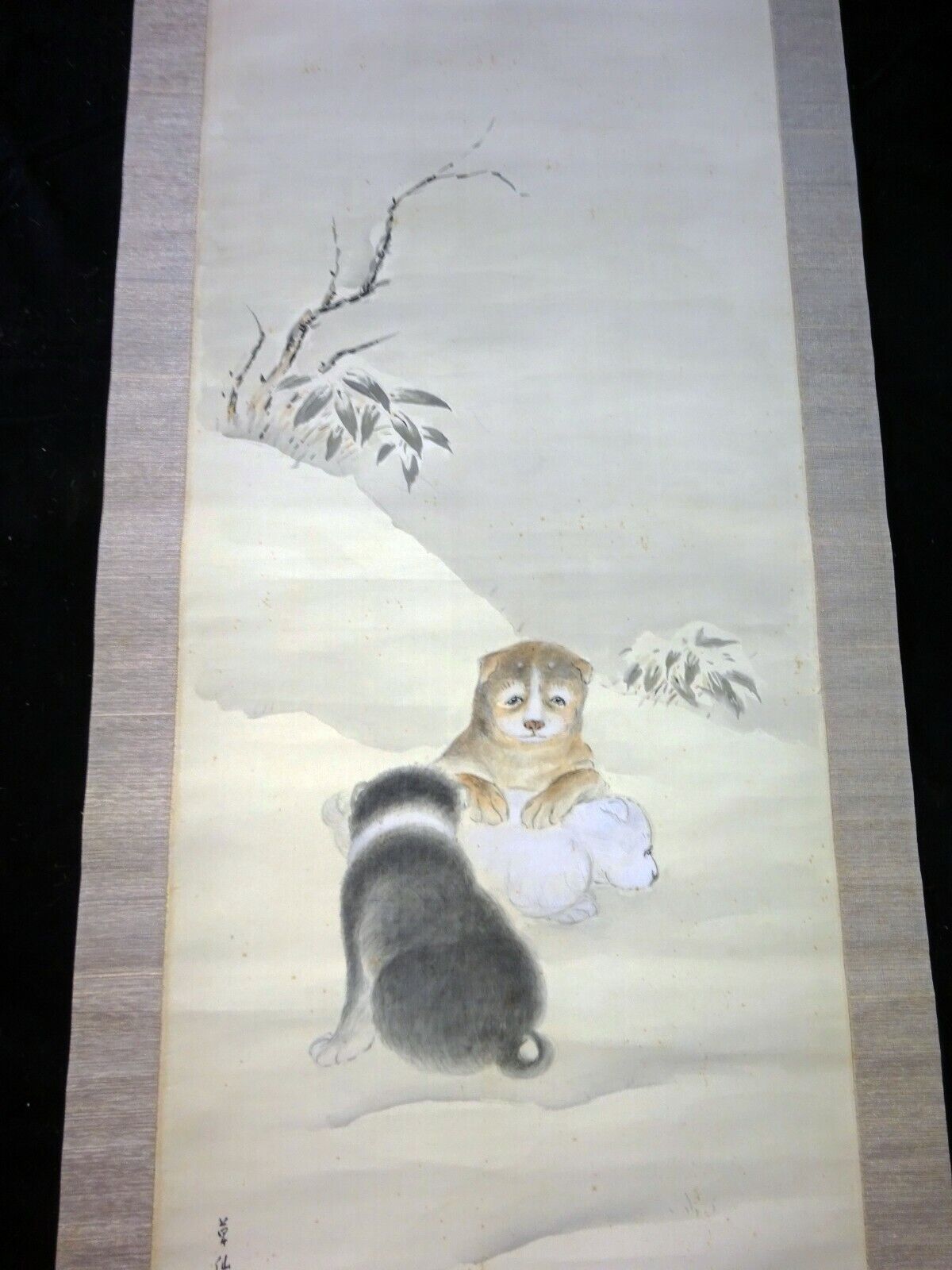 20C Japanese Showa Painting Scroll "Three Puppies in Snow" by Sosen (AHB)