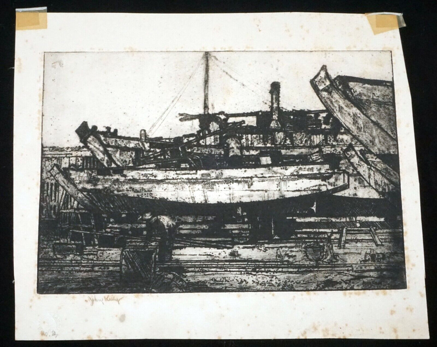 30s Hawaii Etching Print Dry Dock Boats by John Melville Kelly (1879-1962)(Kel)