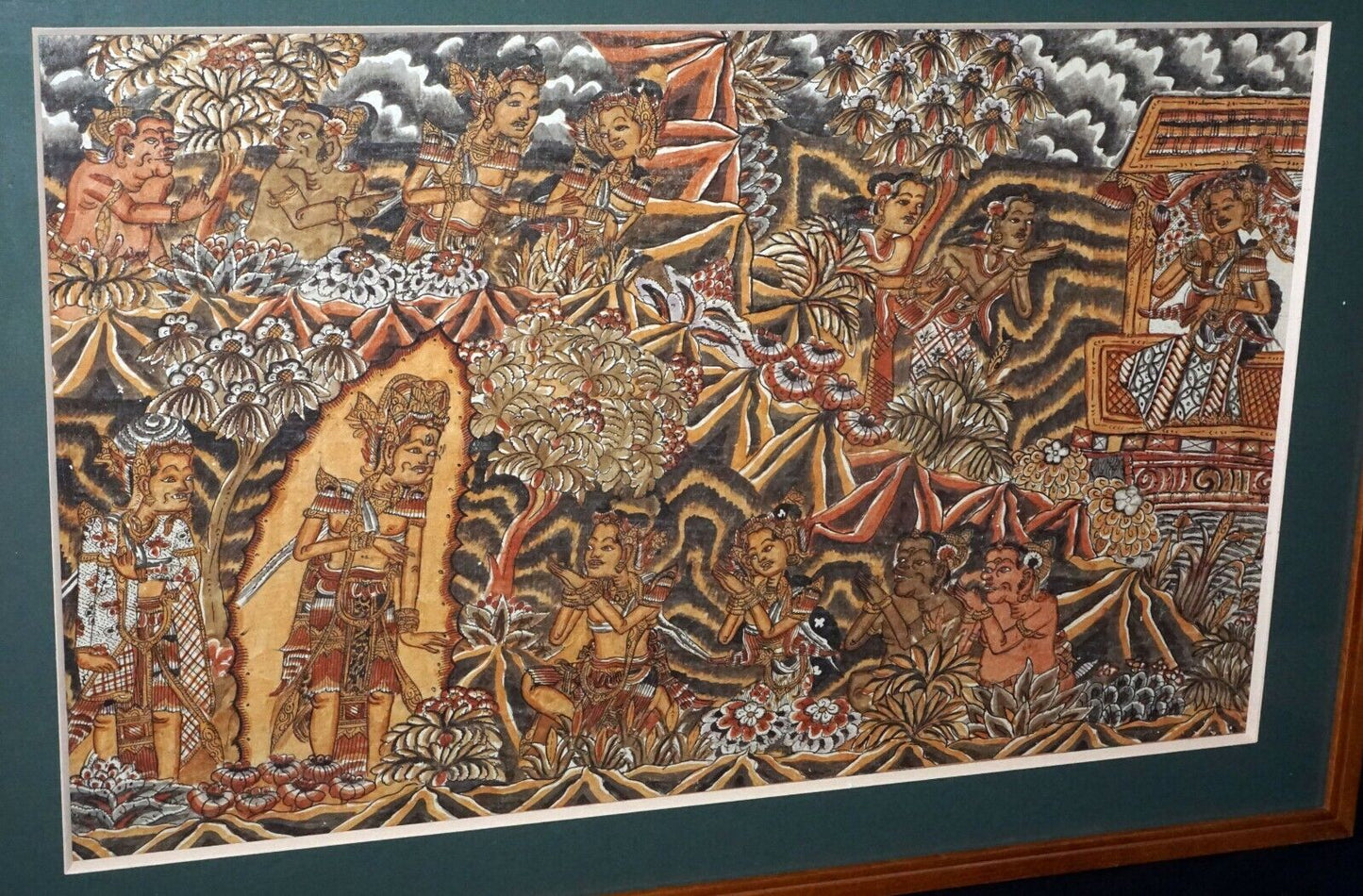 40s Balinese Koa Framed Folk Painting "Figures & Temples" unsigned (AsL)