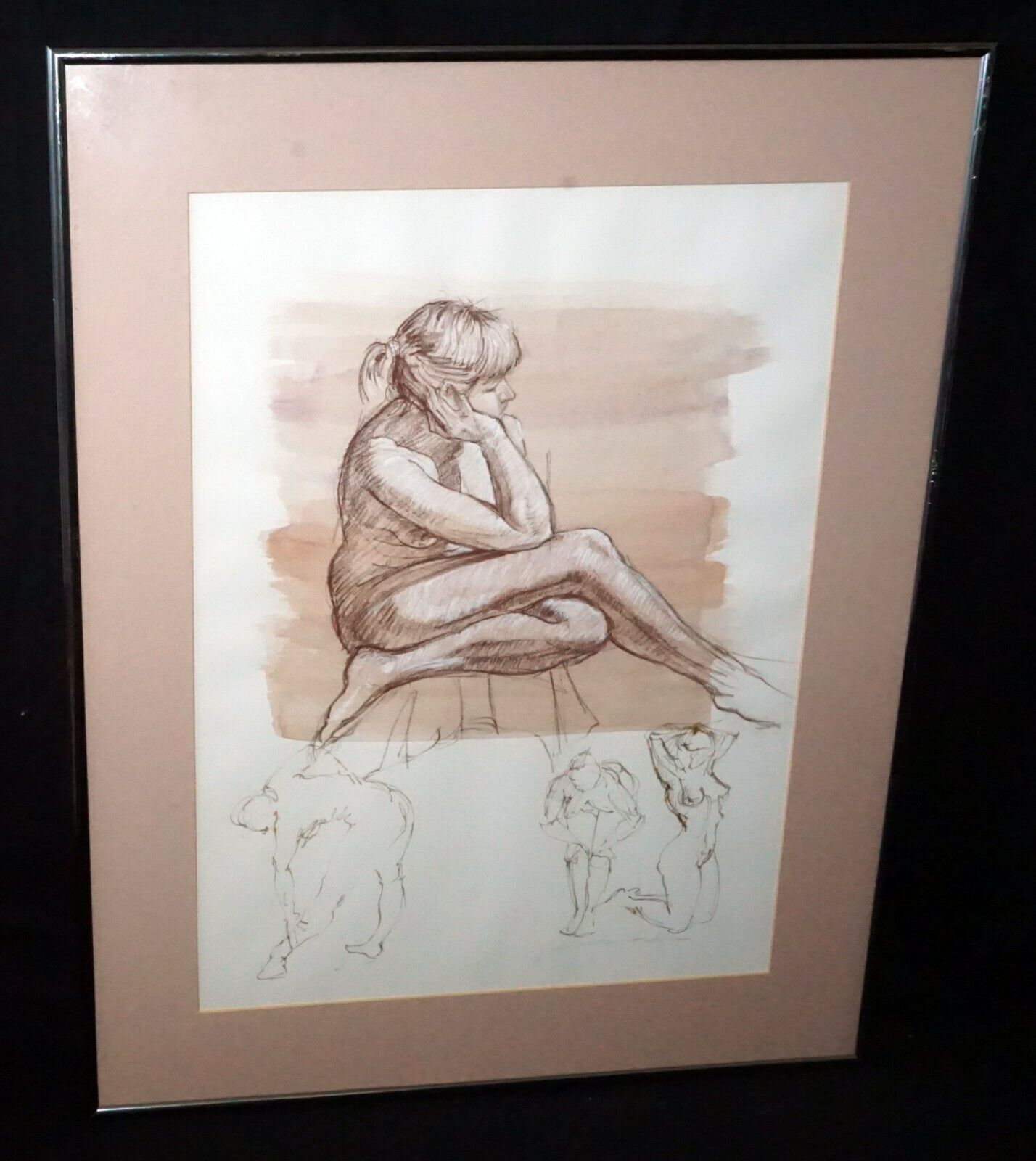 Hawaii Framed Conte Wash Drawing Painting Female Nude by Snowden Hodges (Sho)
