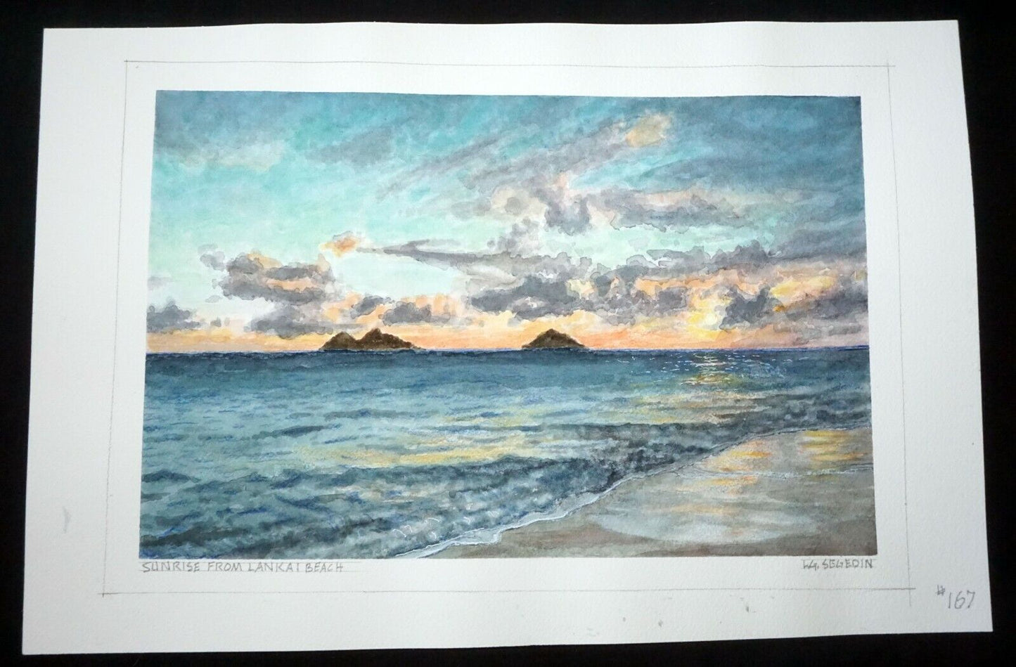 Hawaii Watercolor Painting Sunrise from Lanikai Beach by Larry Segedin #167
