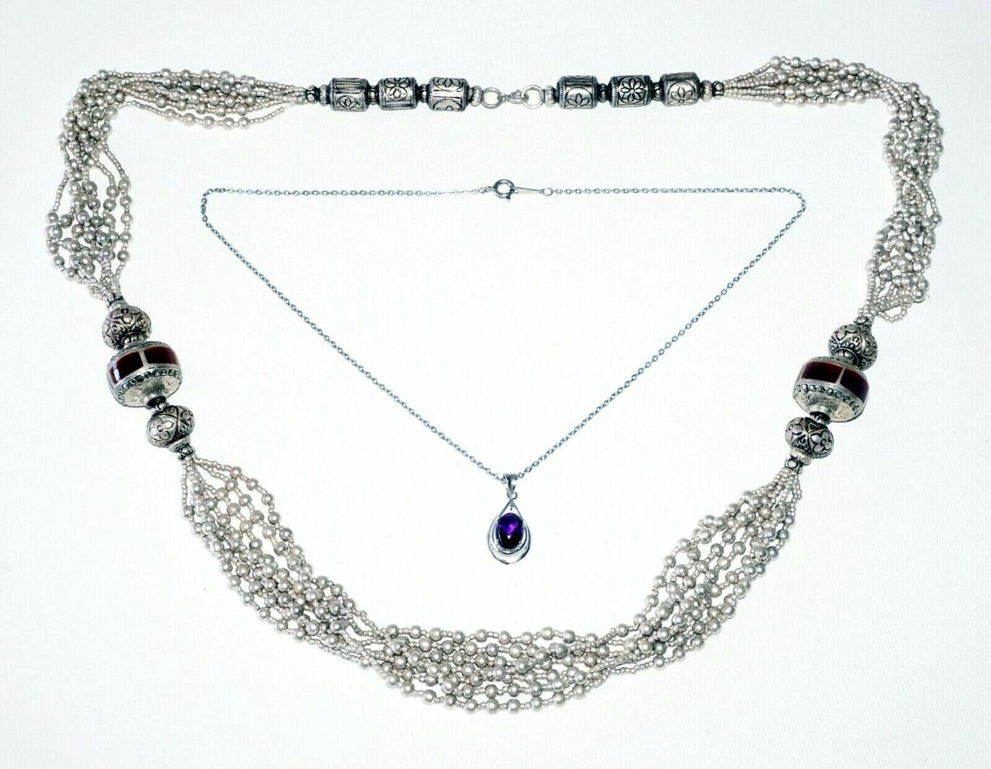 Vintage Sterling Silver Tribal Bead Necklace + Amethyst Pendant (SaR)#194