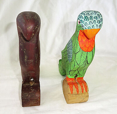 2x 1980s Haitian Wooden Parrot Bird Carvings Sculptures (Stea)
