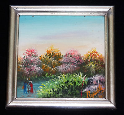 1980's Haitian Acrylic Mini Painting "River & Family"by illegible signed (Stea)