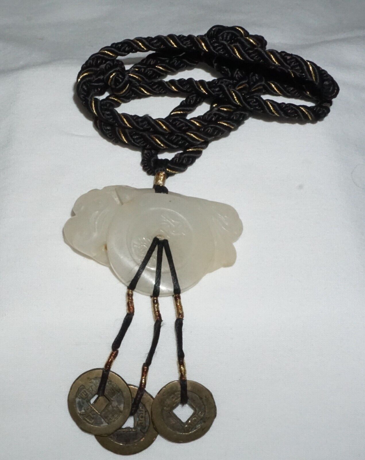 19C Chinese Nephrite Jade Pendant w. Bat & Coin Motif on Cord Necklace (FeL)