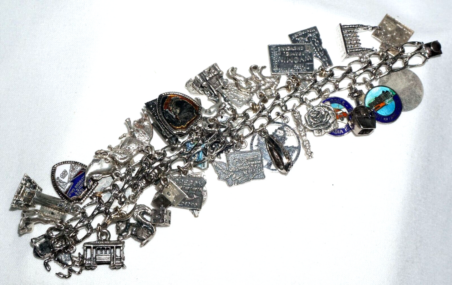 Vintage Sterling Silver Charm Bracelet w. 40x Travel & US State Charms (BrM)#6