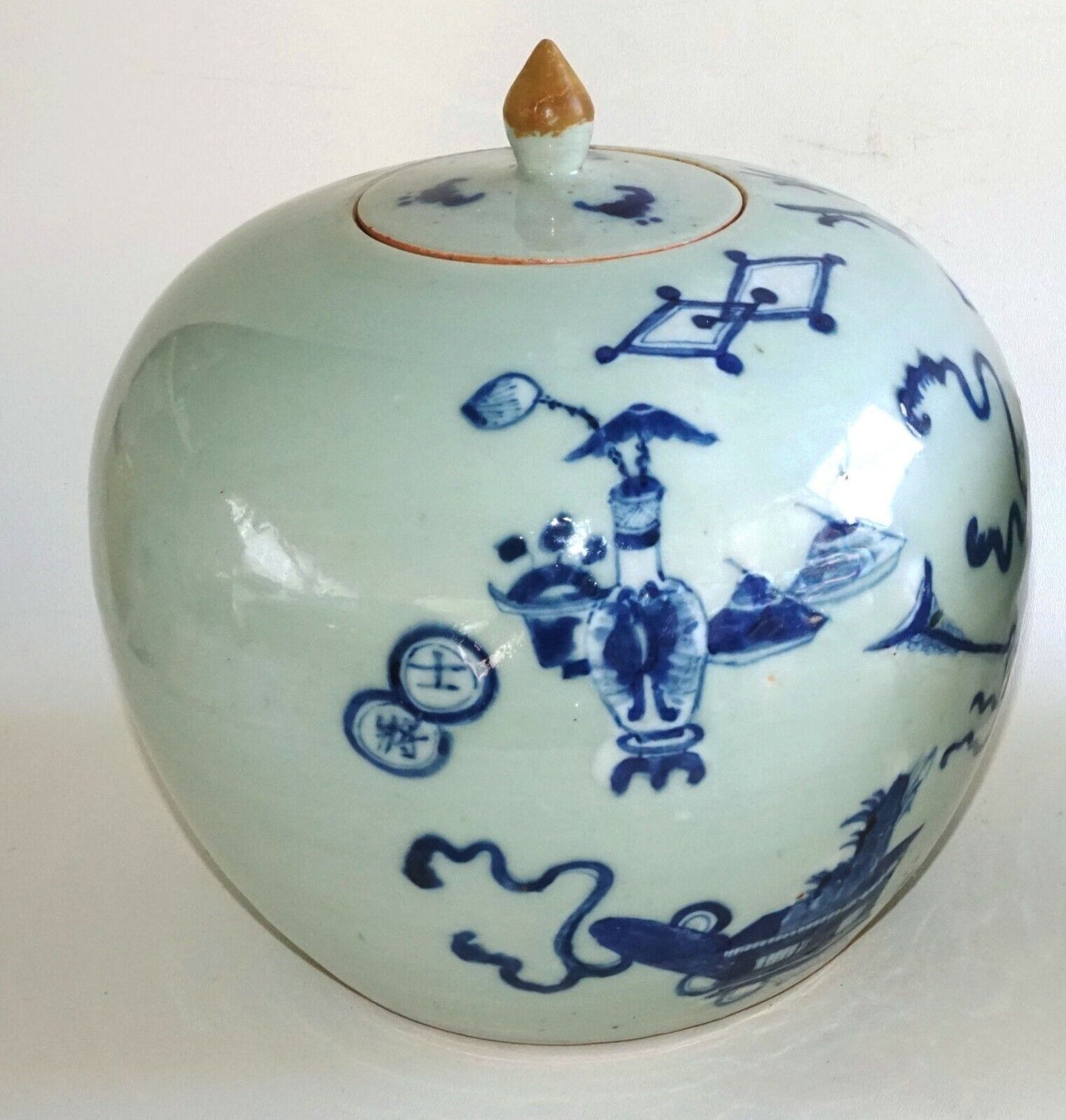 1900 Chinese Ginger Jar w. Blue & White 100 Antiques Motif (AHB)