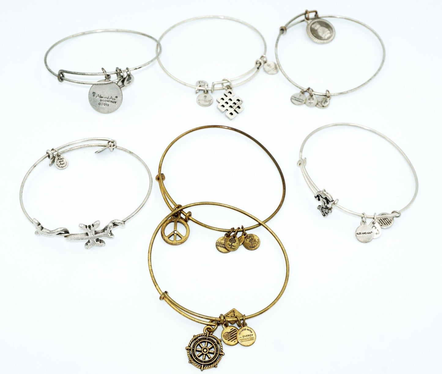 7x Alex and Ani Brand Mixed Lot Adjustable Bracelets w. Cross & Peace (Tra)