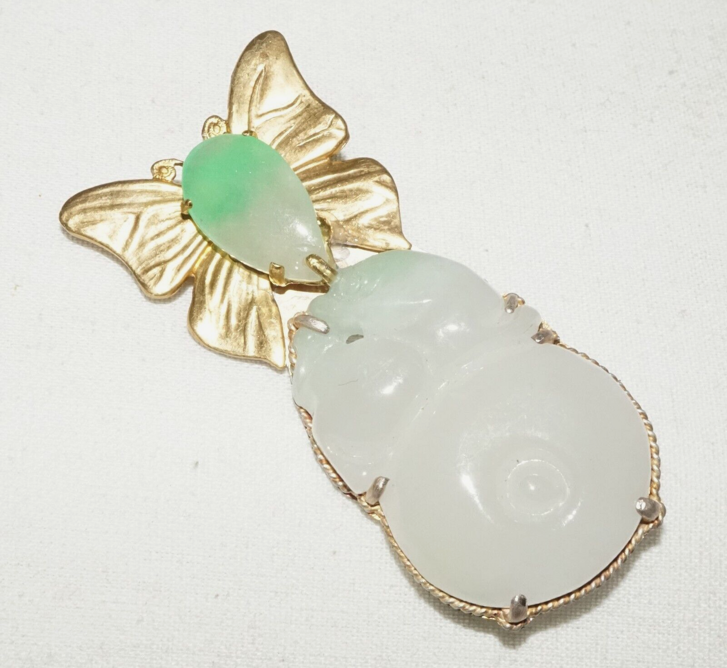 Vintage Chinese Fashion Jadeite Jade Butterfly Motif Brooch Pendant (LeP)