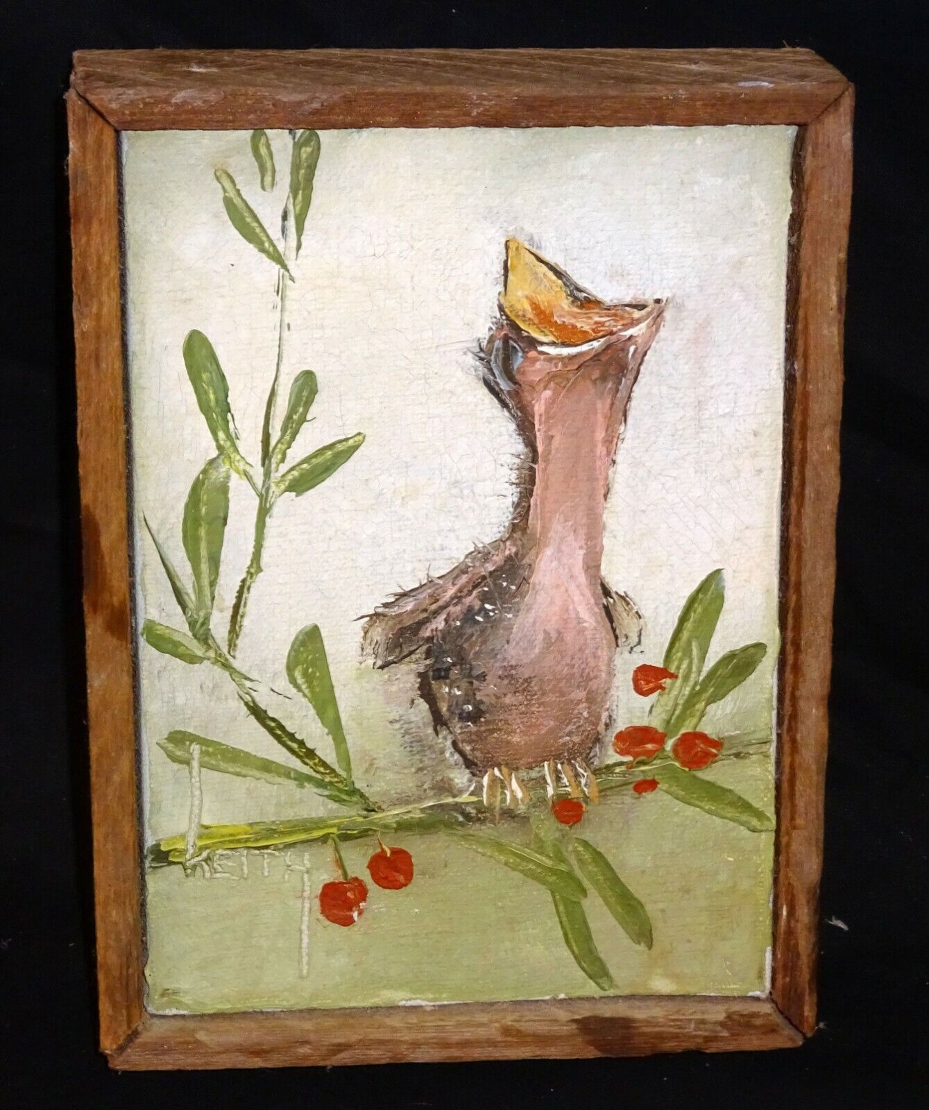 Vintage Mini Oil Painting "Screaming Fledgling Bird on a Branch" by Keith (ThB)