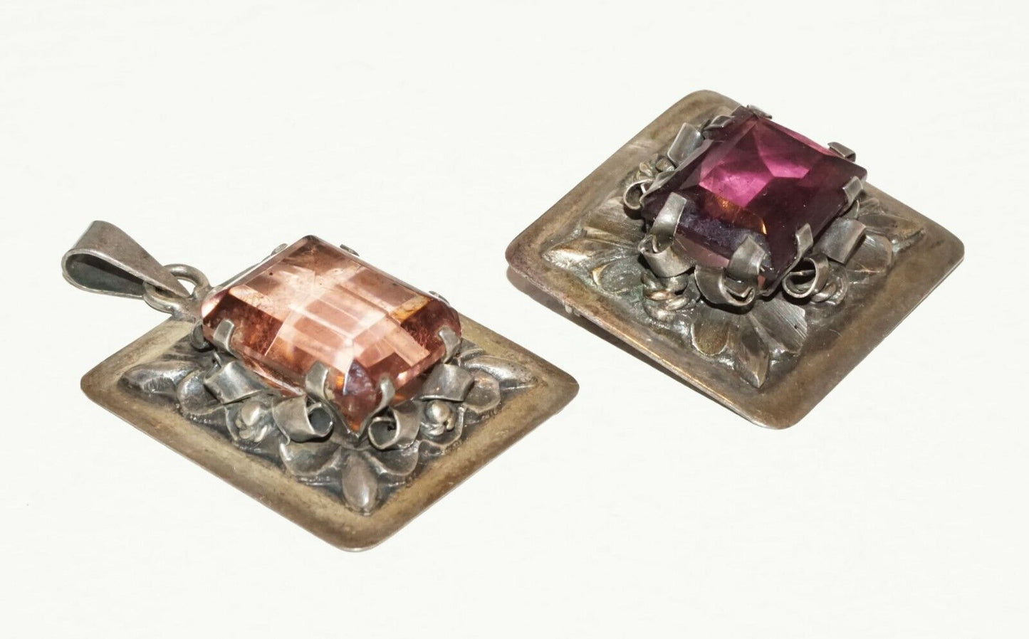 2Pc Vintage Brutalist Style Brooch & Pendant w. Tourmaline Accents (BrM)#31