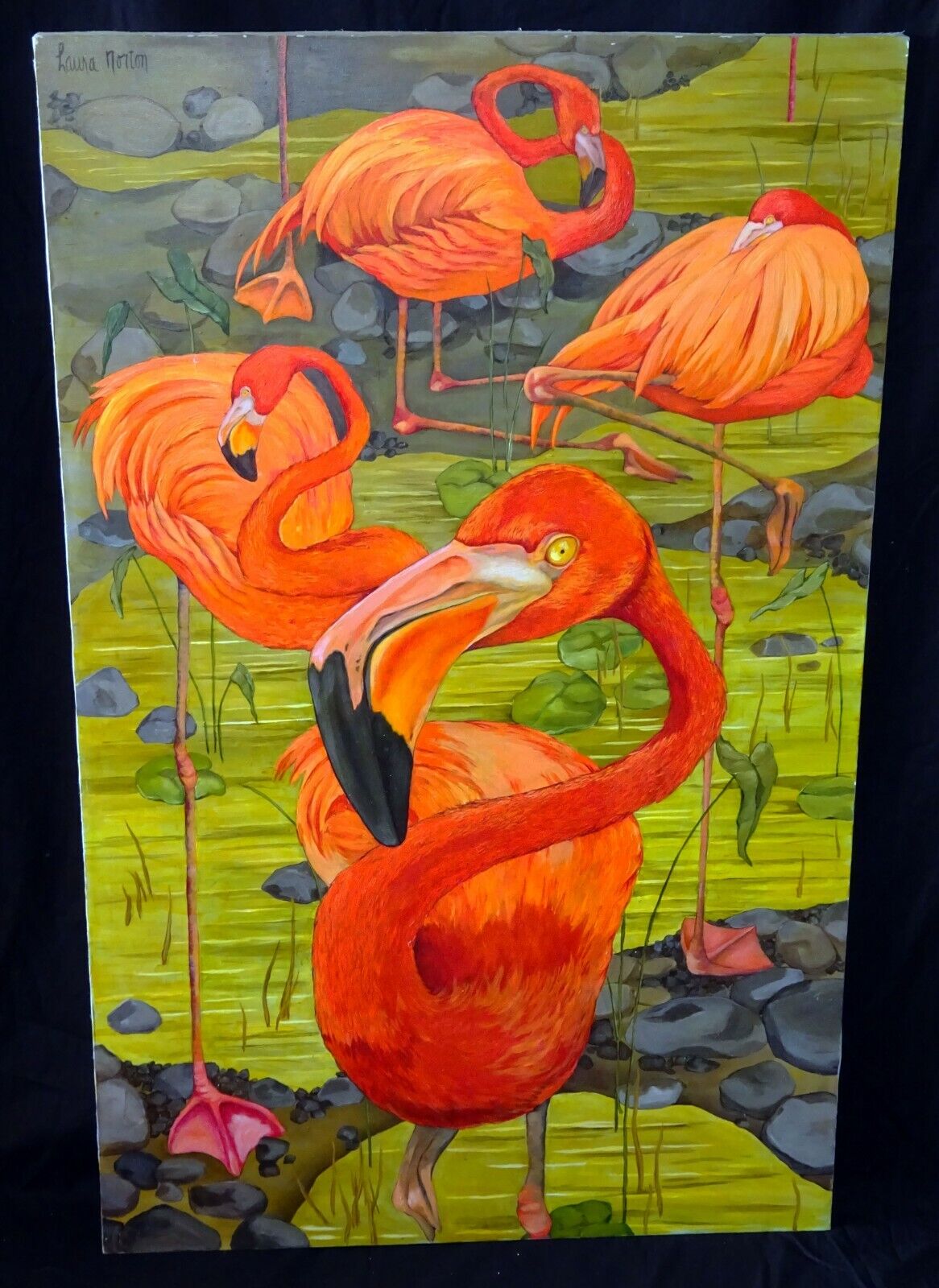 Vintage US Whimsical Acrylic Painting "The Four Flamingos" by Laura Norton (ScD)